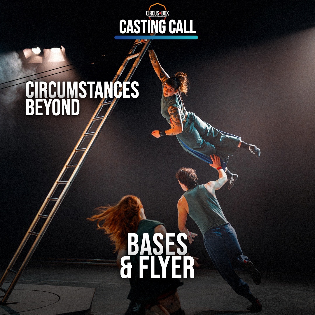 Casting call cover: Circumstances is looking for bases and a flyer for BEYOND, over a photo of a flyer hanging from a ladder above a base