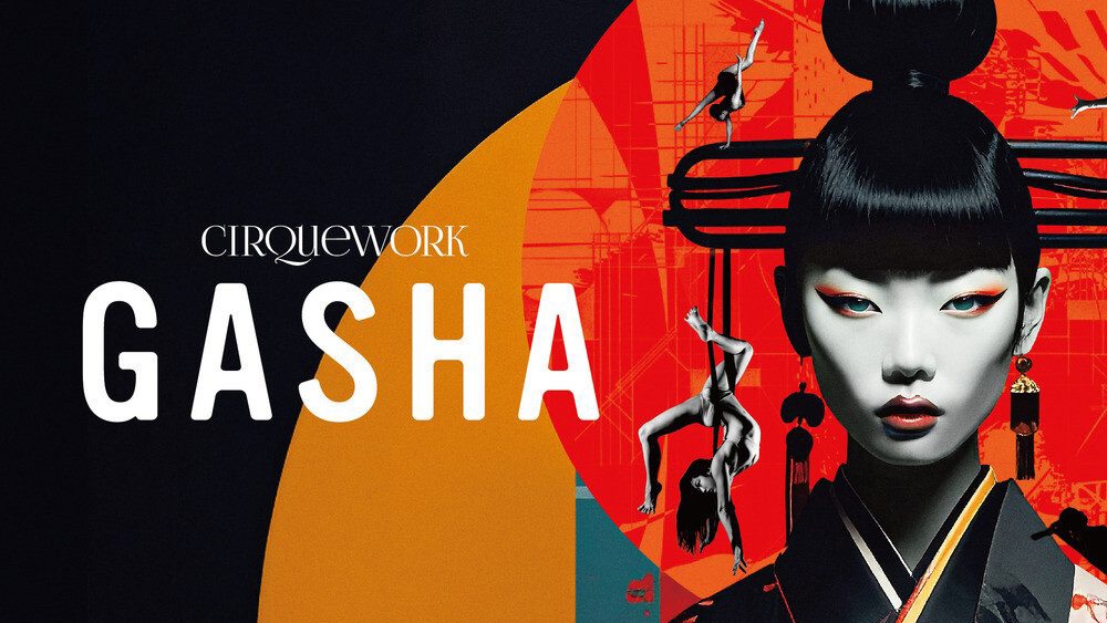 CIRQUEWORK presents GASHA casting call banner, designed graphic with the show title and a stylized portrait and silhouettes of aerial and acrobatic performers.
