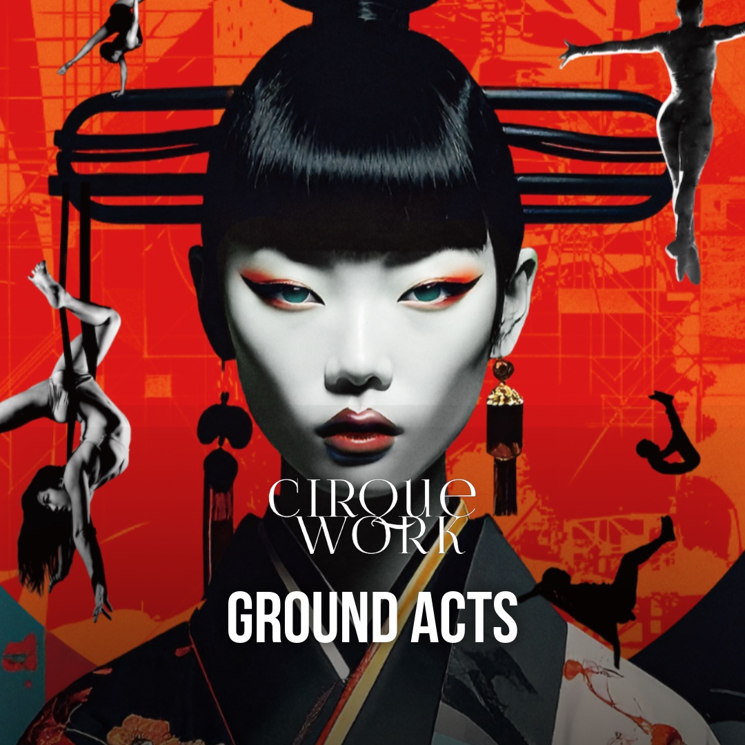 CIRQUEWORK presents GASHA casting call banner, designed graphic with the show title and a stylized portrait and silhouettes of aerial and acrobatic performers.