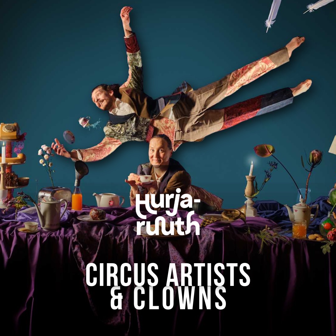 A performer flies horizontally over a laid banquet table while another sips tea, on a Hurjaruuth card reading Circus Artists and Clowns