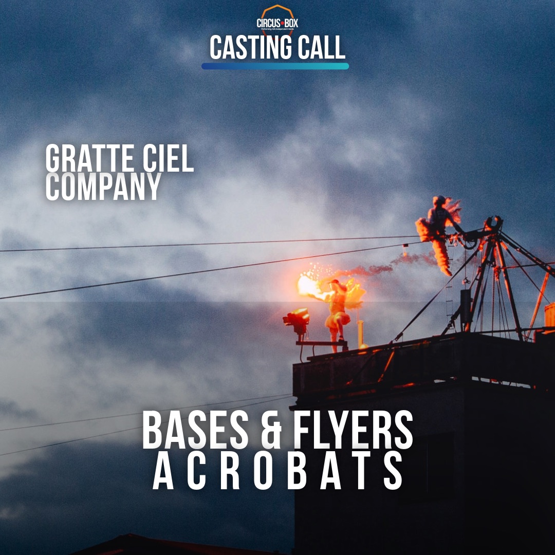 Gratte Ciel performers on a rooftop rig at dusk, one holding a flare. Text: Gratte Ciel Company, bases & flyers acrobats.