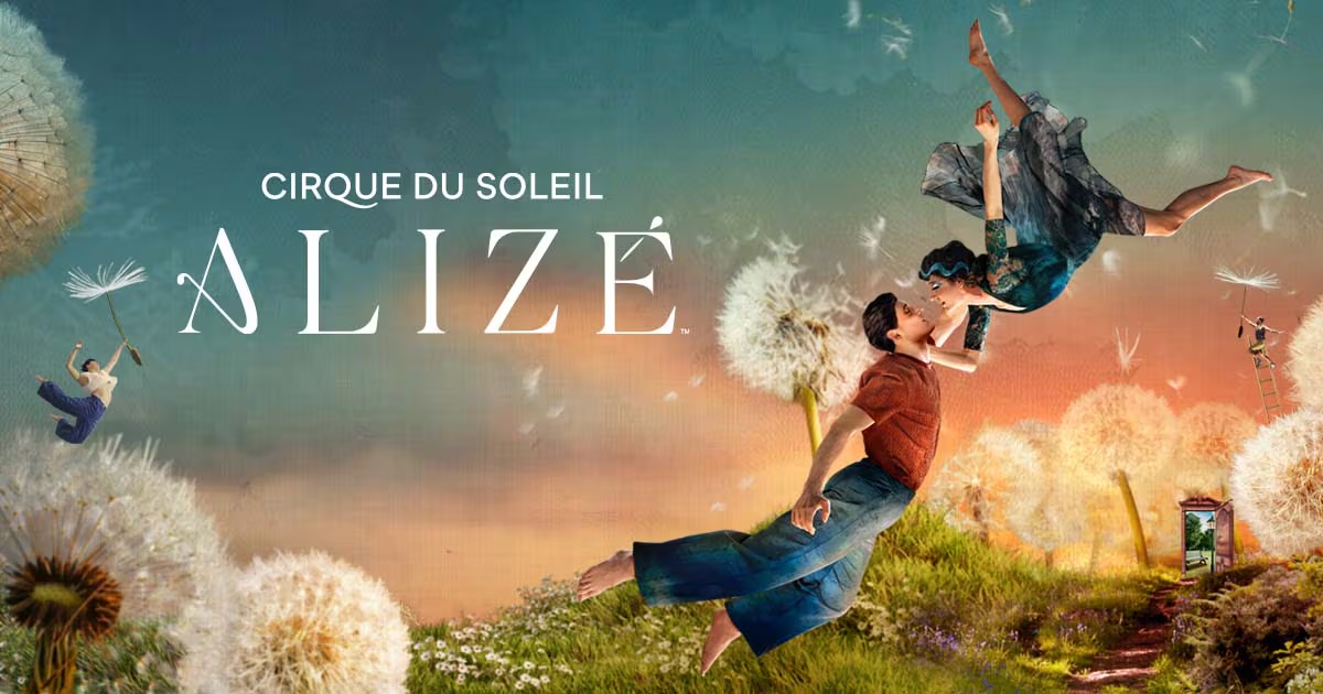 ALIZÉ poster art: two performers float above a meadow of giant dandelions at sunset