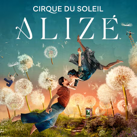 ALIZÉ poster art: two performers float above a meadow of giant dandelions at sunset