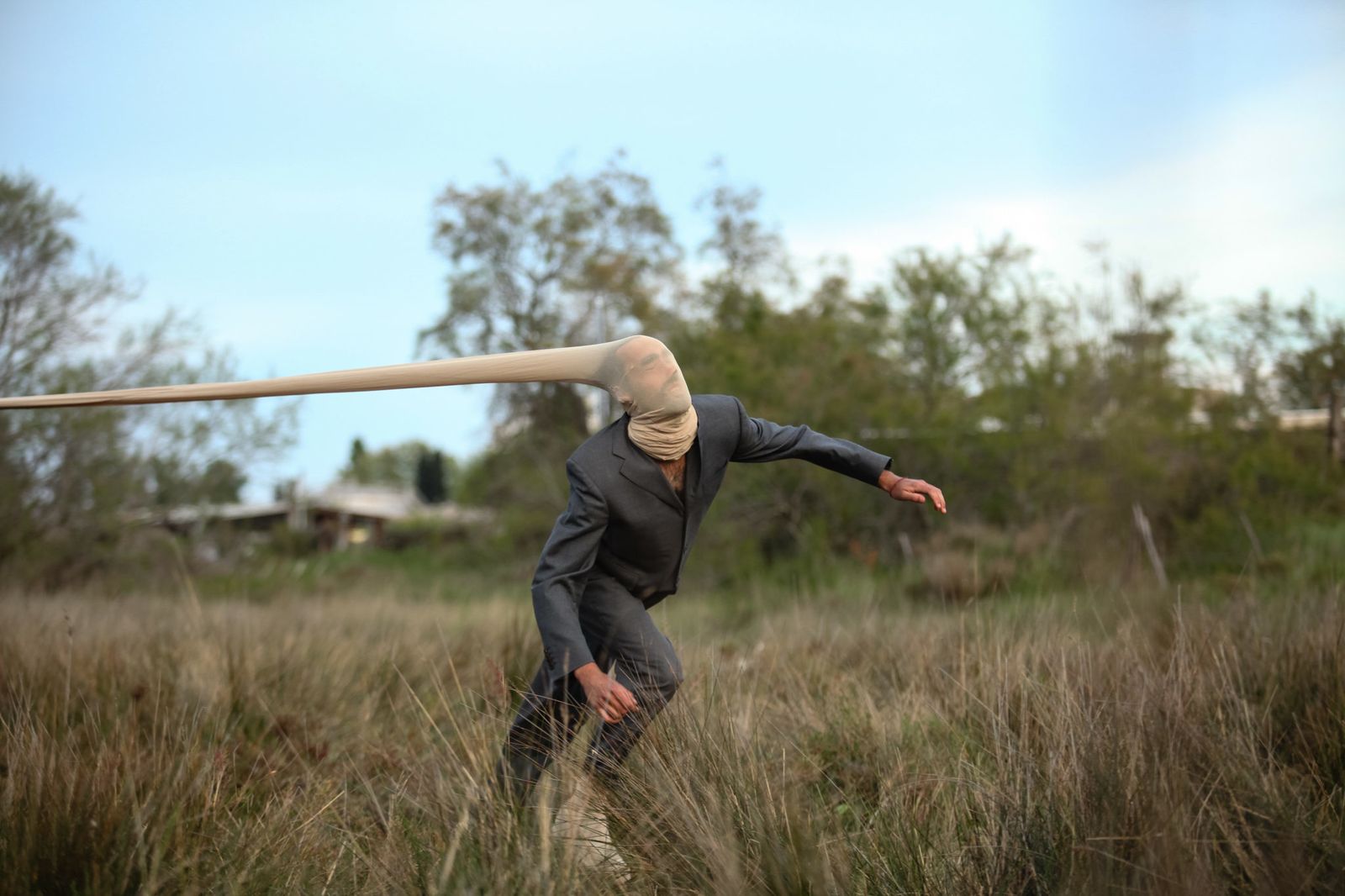 A performer in a grey suit leaning forward into tall grass, their head wrapped in a long stretched fabric sleeve that runs off the left edge of the frame