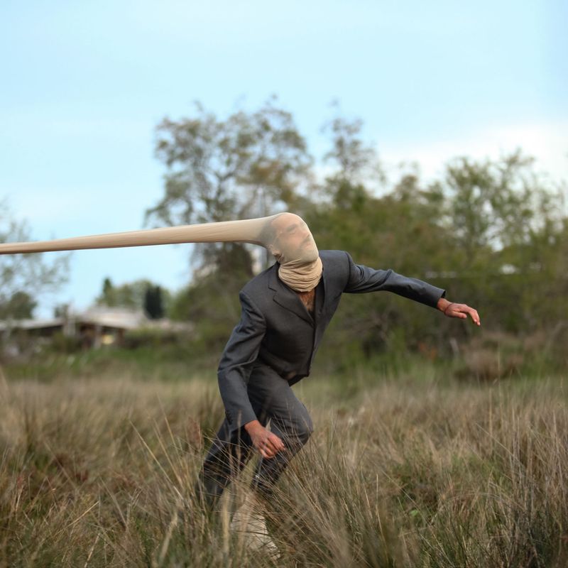 A performer in a grey suit leaning forward into tall grass, their head wrapped in a long stretched fabric sleeve that runs off the left edge of the frame