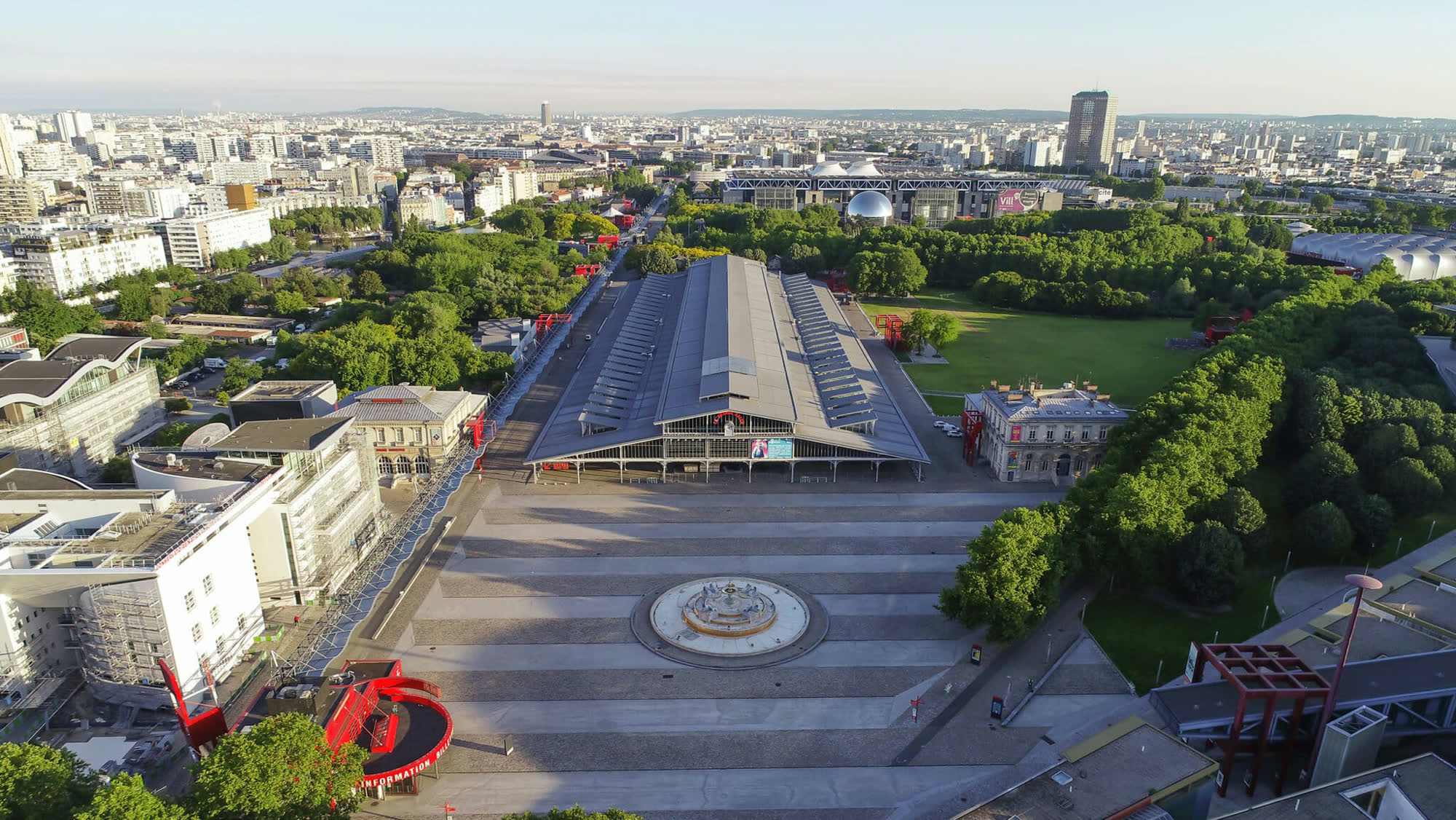 Aerial view of the Parc de la Villette in Paris, the Grande Halle at its centre