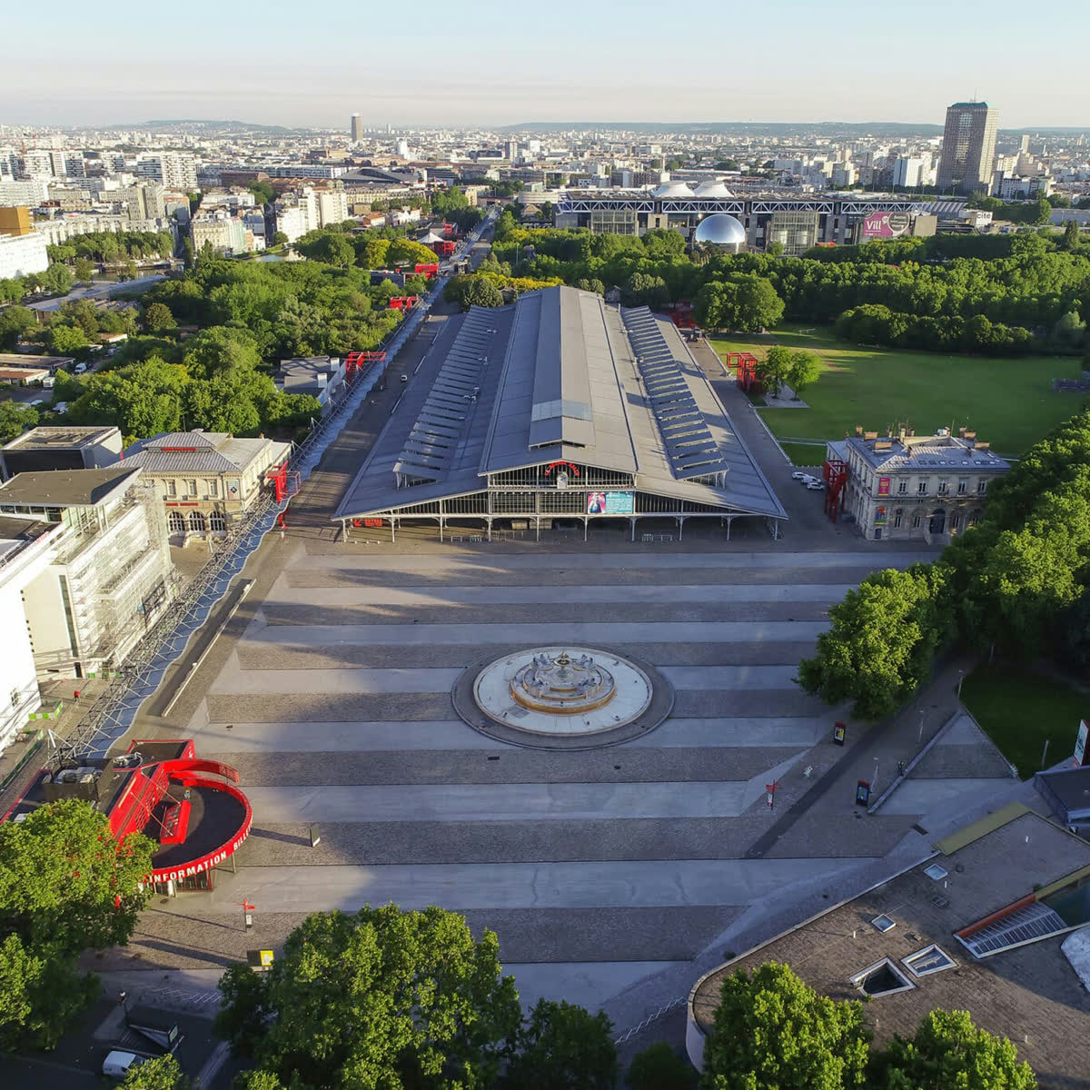Aerial view of the Parc de la Villette in Paris, the Grande Halle at its centre