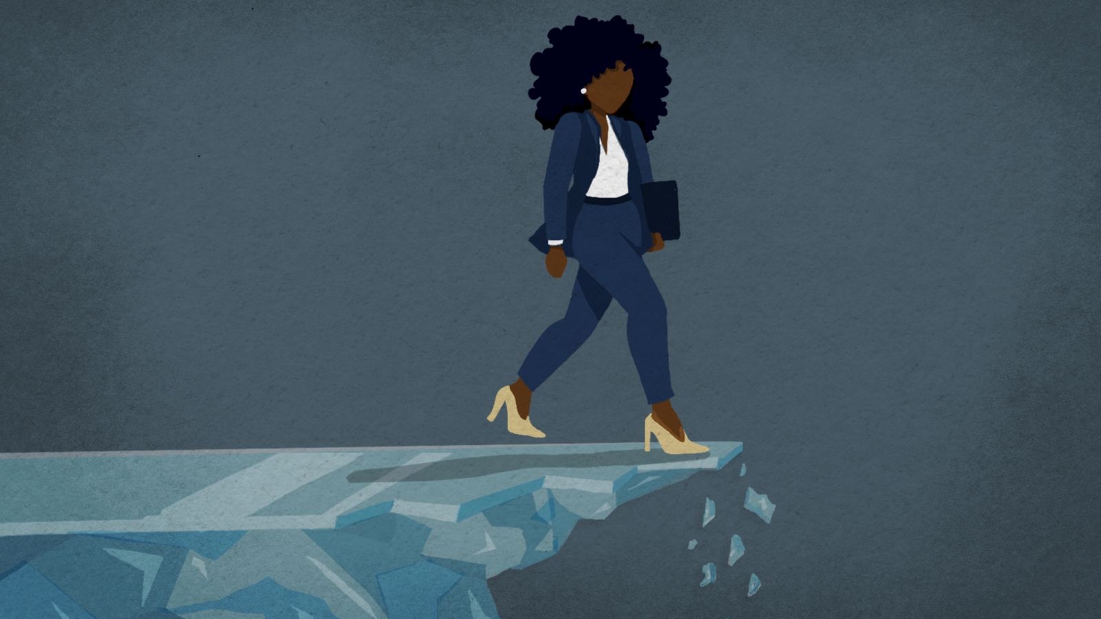 Illustration of a woman in a navy suit walking towards the edge of a cracking glass cliff