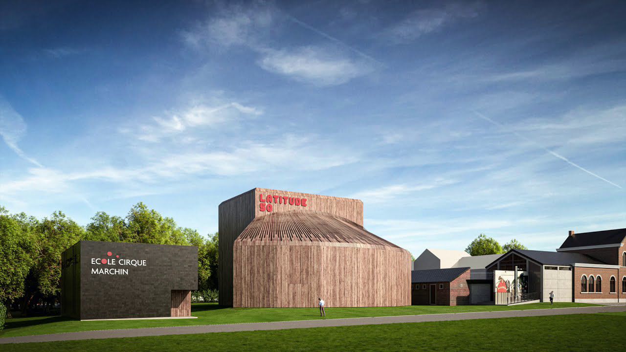 An architect's render of the future Latitude 50 hall in Marchin, a tall timber-clad building with the Latitude 50 name in red across its upper wall, beside a dark block marked Ecole Cirque Marchin