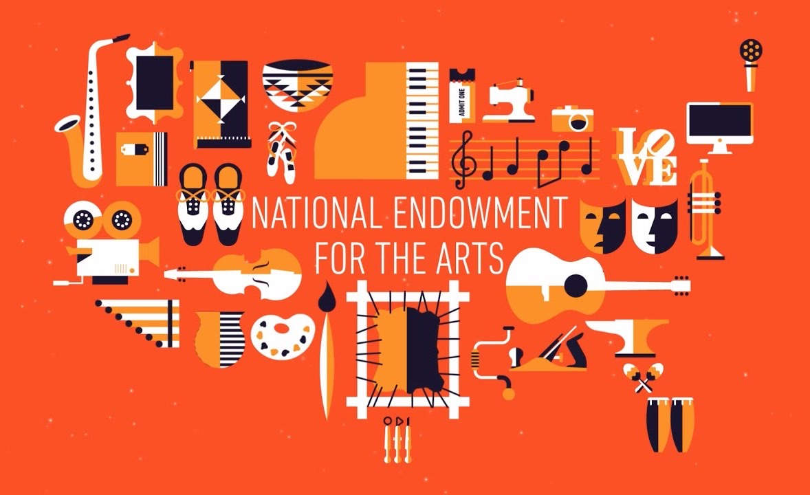 Illustrated instruments, theatre masks and art tools around the words National Endowment for the Arts on an orange background.