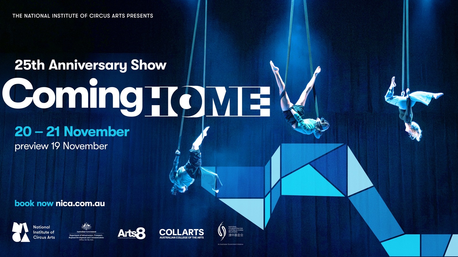 Poster for NICA's 25th anniversary show Coming Home, with aerialists on straps against a blue curtain.